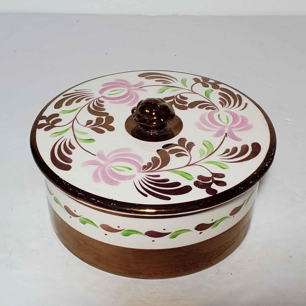 Gray's Pottery Trinket Box Pink Flowers Vintage